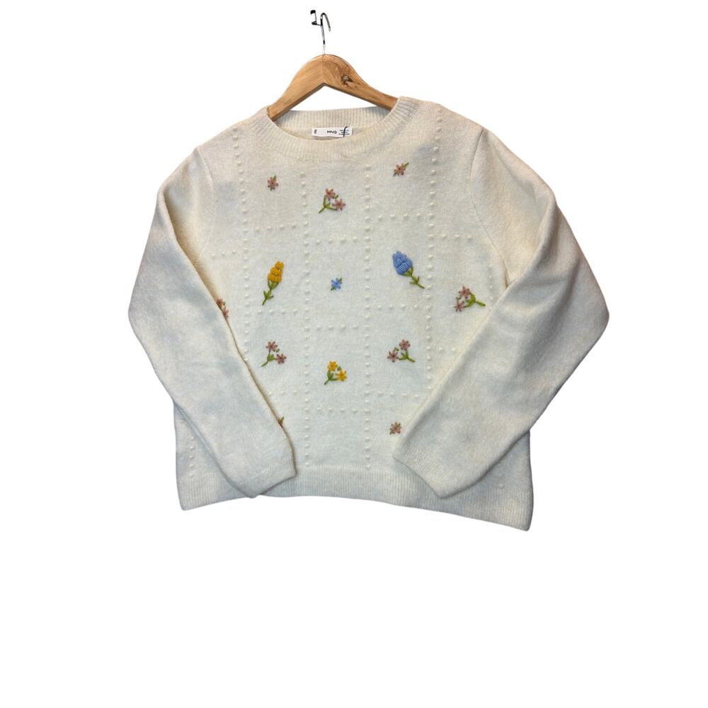 Mango Cropped Sweater XXL Hand-Embroidered Flowers‎ Textured Knit Round Neck